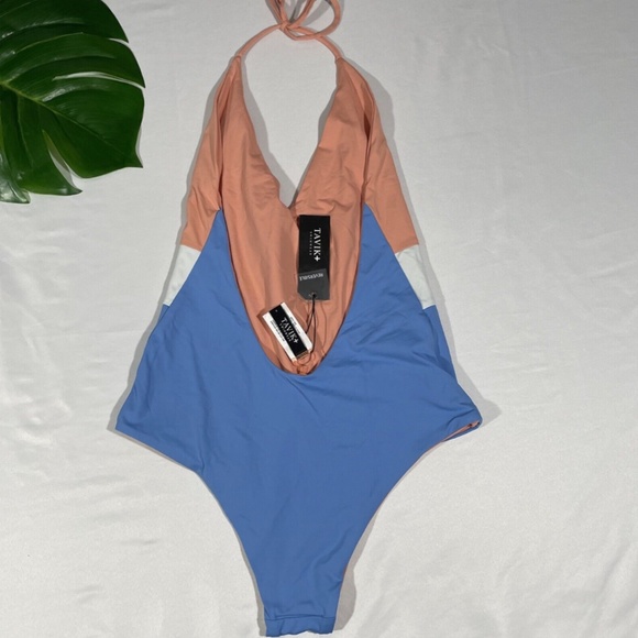 NEW‎ Tavik [ Small ] Chase Colorblock Deep V One-Piece Swimsuit in Sea Blue - Picture 7 of 12